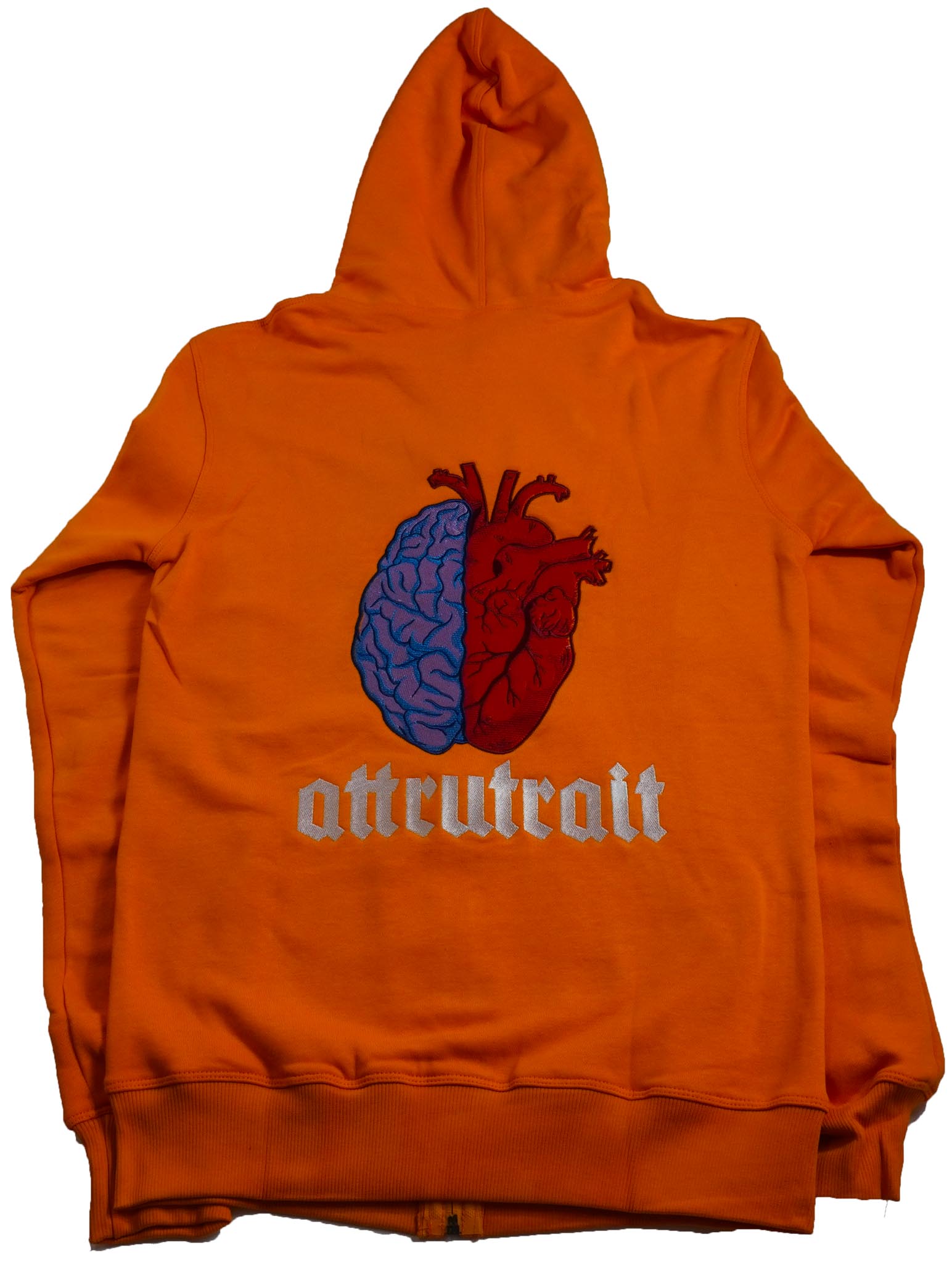 Back of Orange Attrutrait Zip Up Hoodie